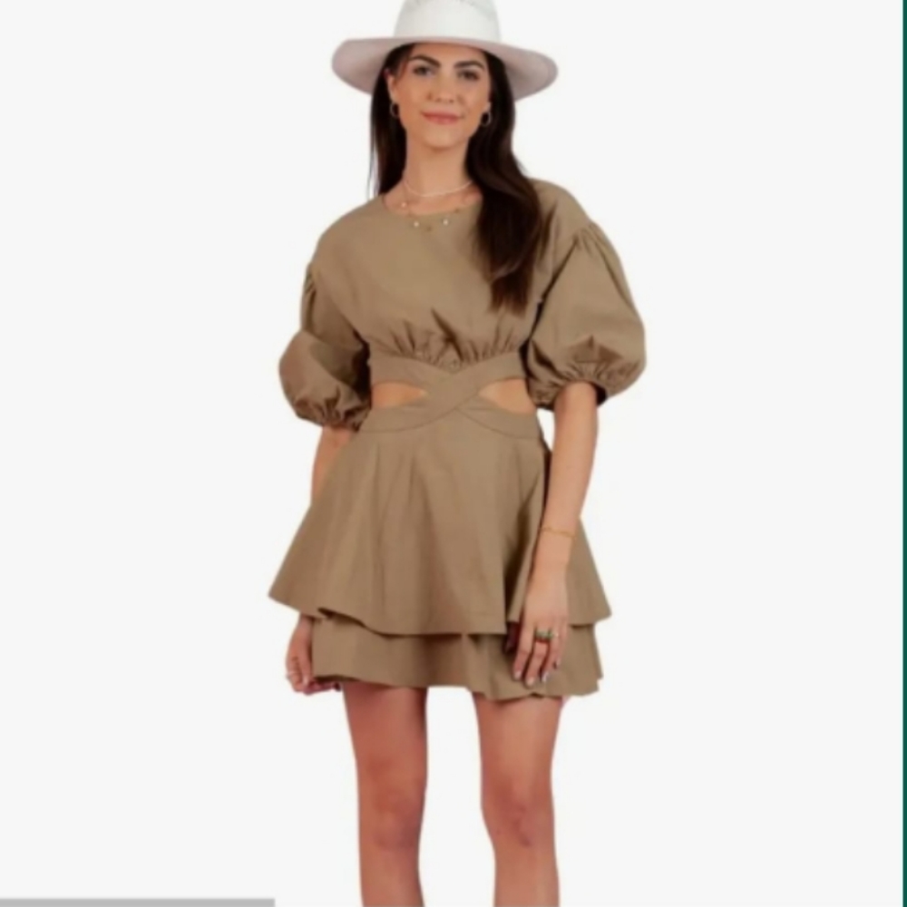 Nwt VICI Puff Sleeve Mini Cutout Dress small 4 olive green - Picture 4 of 13